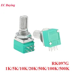 5pcs Double Potentiometer 6PIN RK097G B1K B5K B10K B20K B50K B100K B500K 1K 5K 10K 20K 50K 100K Ohm Handle 15mm Audio Amplifier
