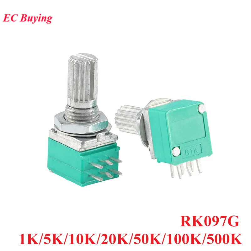 5 szt. Potencjometr podwójny 6-pinowy RK097G B1K B5K B10K B20K B50K B100K B500K 1K 5K 10K 20K 50K 100K Ohm, uchwyt 15mm, wzmacniacz audio