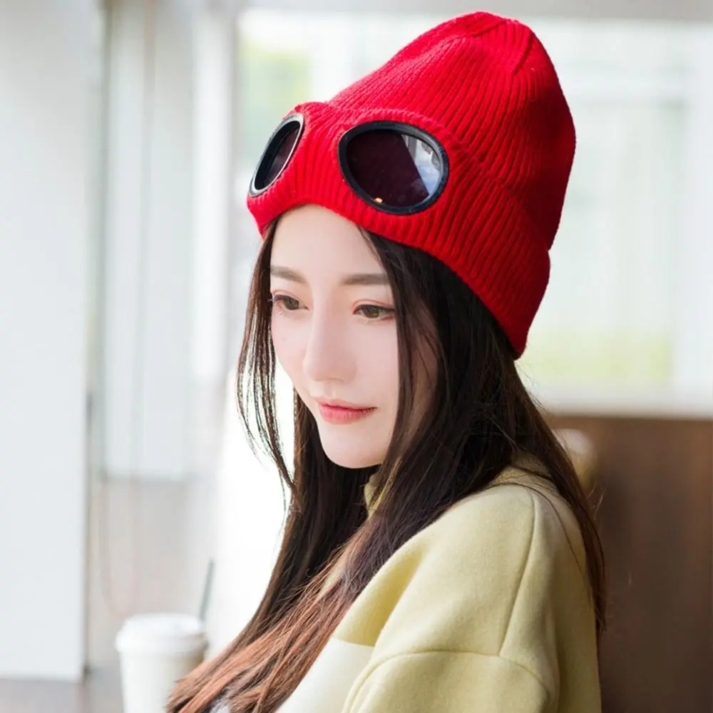 

With Glasses Skullies Caps Pilot Glasses Cap Men Beanie Caps Cycling Cap Knitted Hats Women Wool Caps Korean Beanies Ski Cap