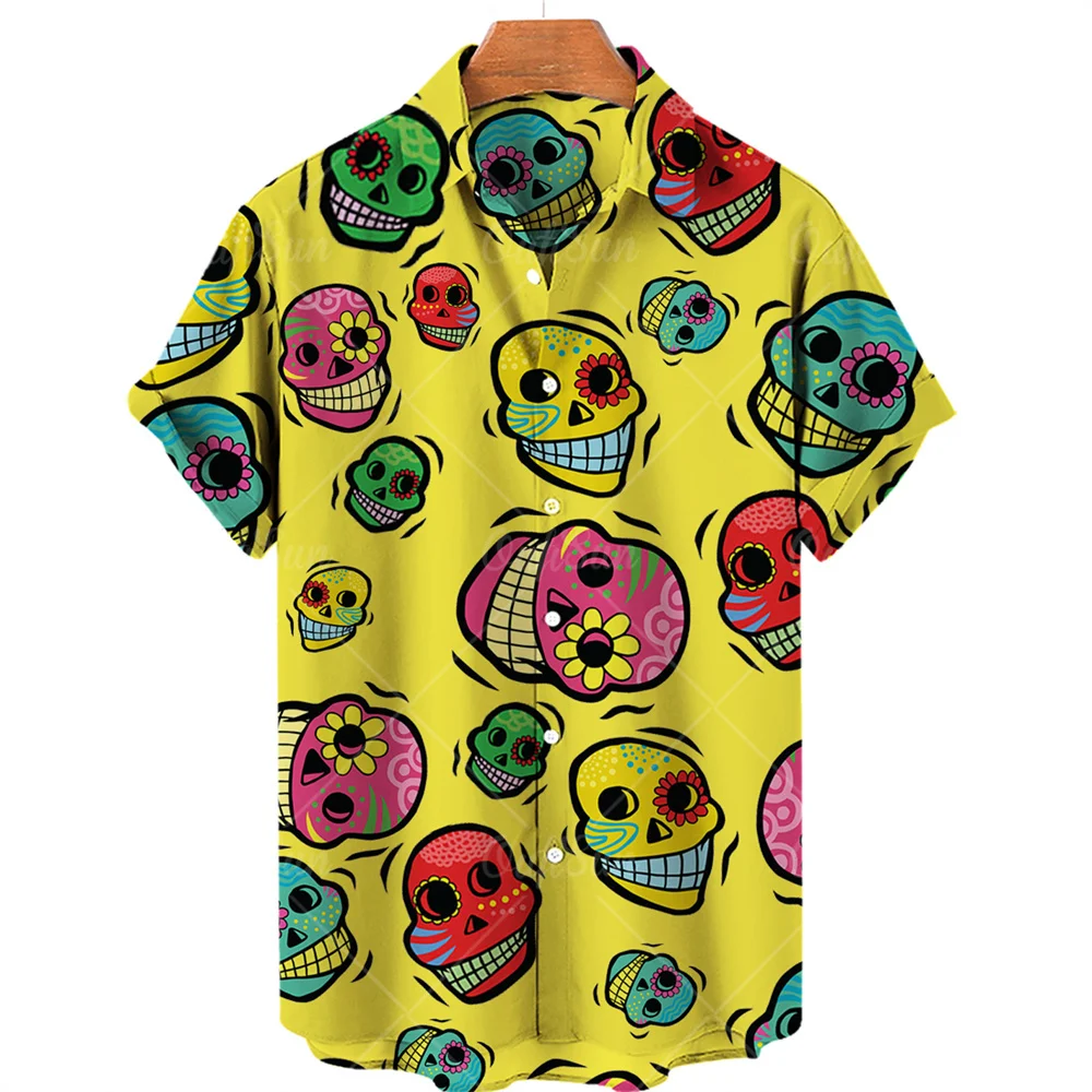 Skull Print Hawaiian Shirt Men Summer Short Sleeve Loose Beach Breathable Hip Hop Harajuku Top Oversize 5XL