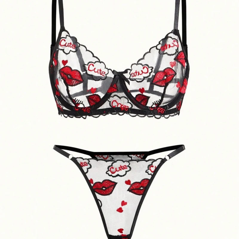 Bikini fashion sexy red lip embroidery seductive lingerie swimsuit