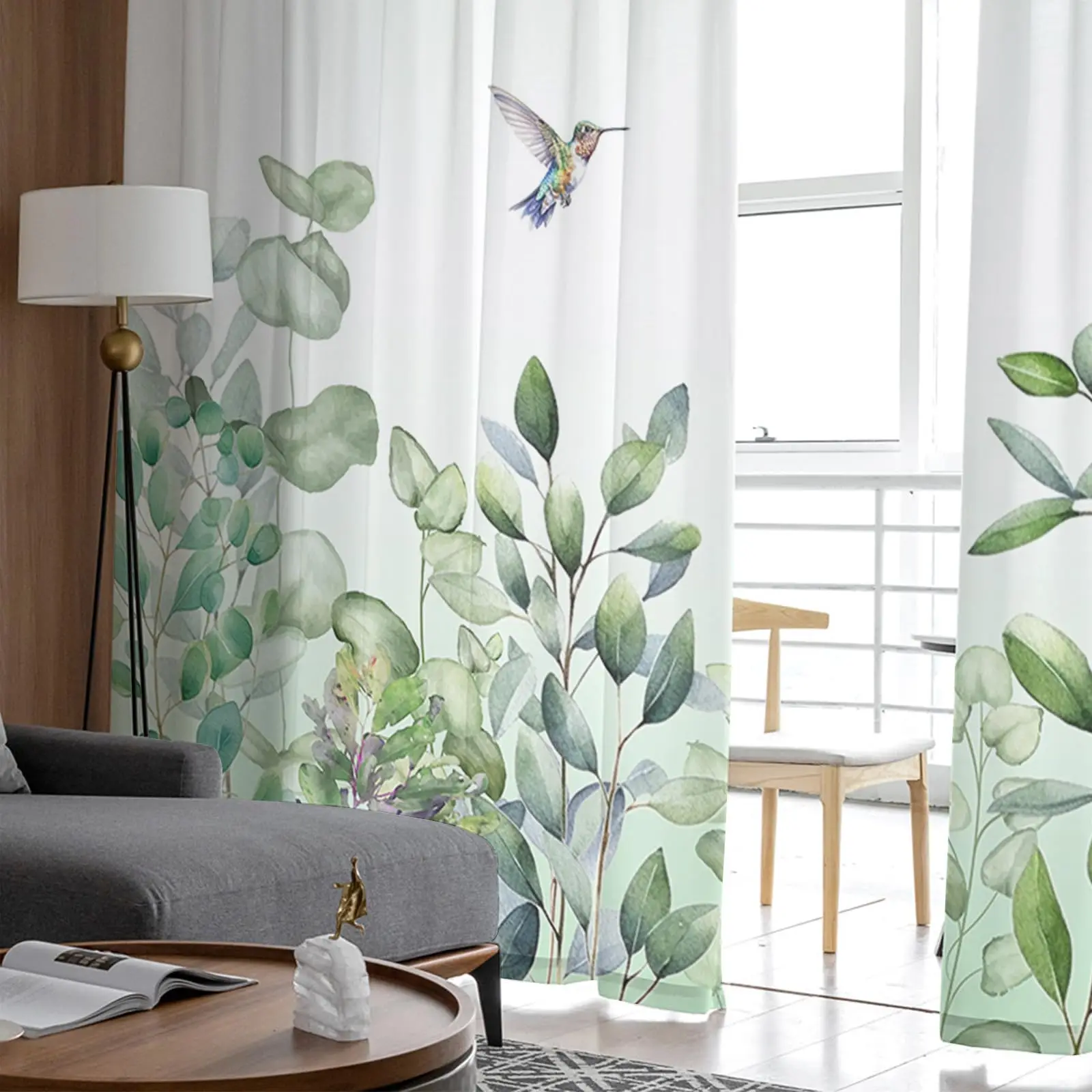 2Pcs Eucalyptus Leaves Hummingbird Print Sheer Voile Window Curtains Light Filtering Rod Pocket for Living Room Bedroom
