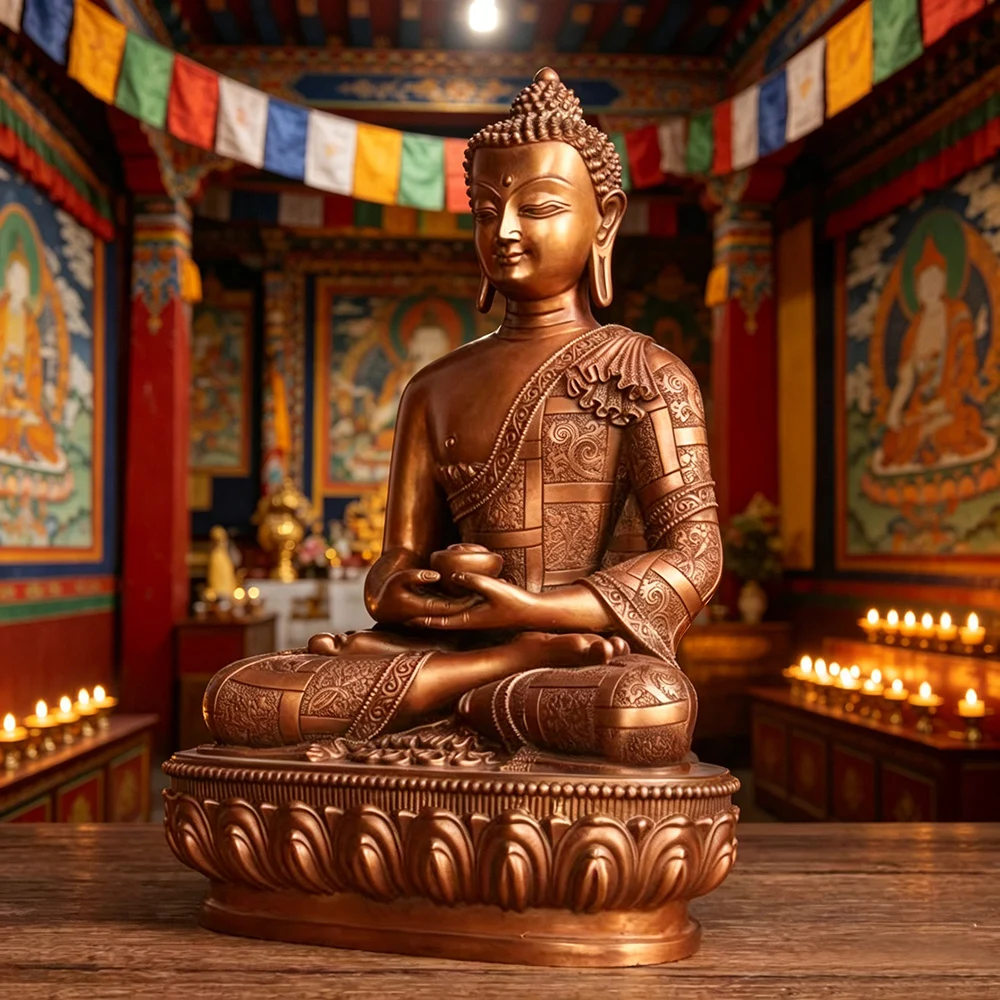 Small Sambo Buddha bronze statue,  Red copper Shakyamuni Amitabha Medicine Buddha statue, Home offerings ornaments handicrafts