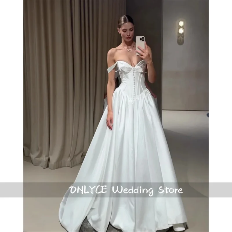 Customized White Front Pearl Details Off Shoulder Wedding Dress Lace-Up Vestidos De Noche V‑Notch Waist Robe De Mariée