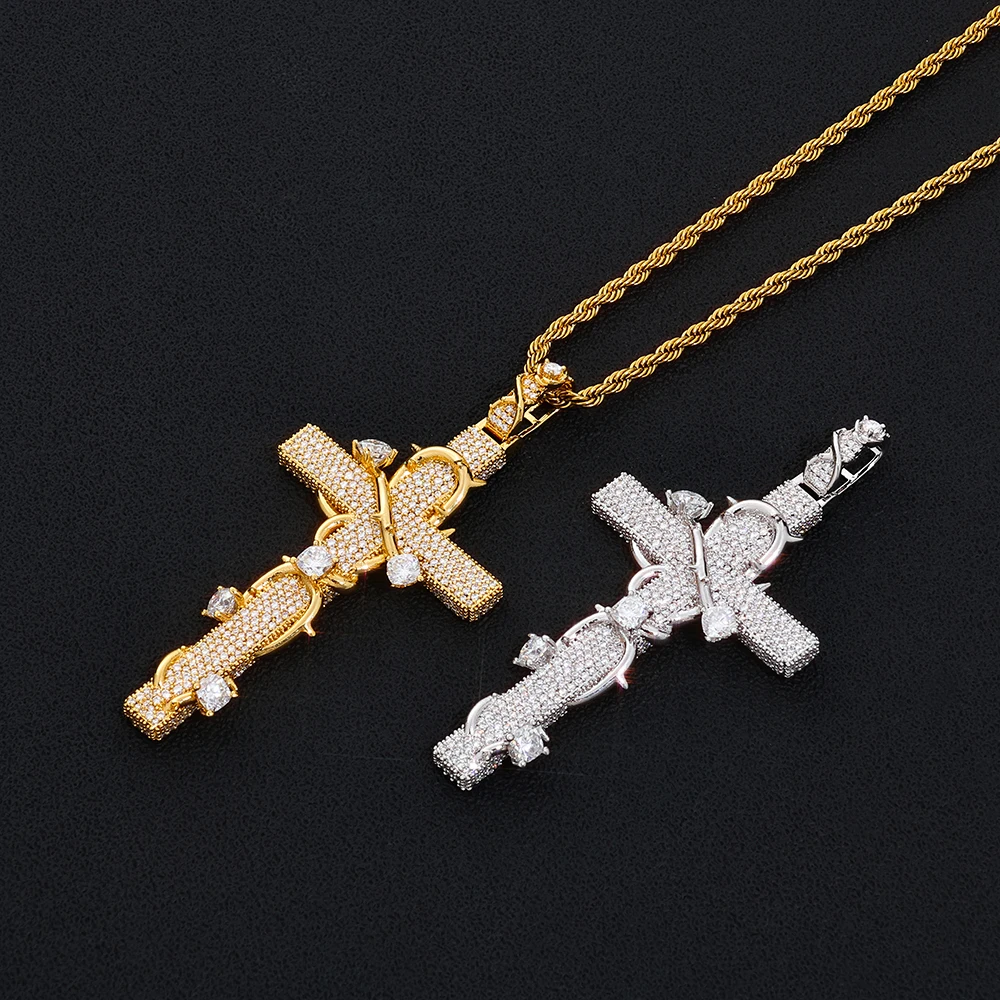 Iced Out Thorn Cross Pendant VVS1 Moissanite 925 Sterling Silver Hip Hop Christian Men Necklace Gold Silver Two Tone Jewelry