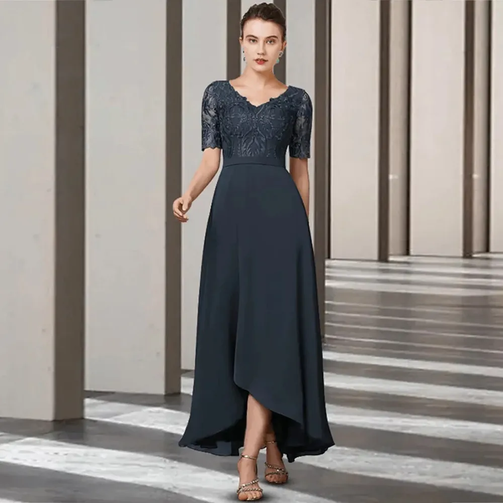 

Elegant Chiffon And Applique Formal Mother Of The Bride Dresses Half Sleeves V Neck Solid Color Wedding Guest Gown