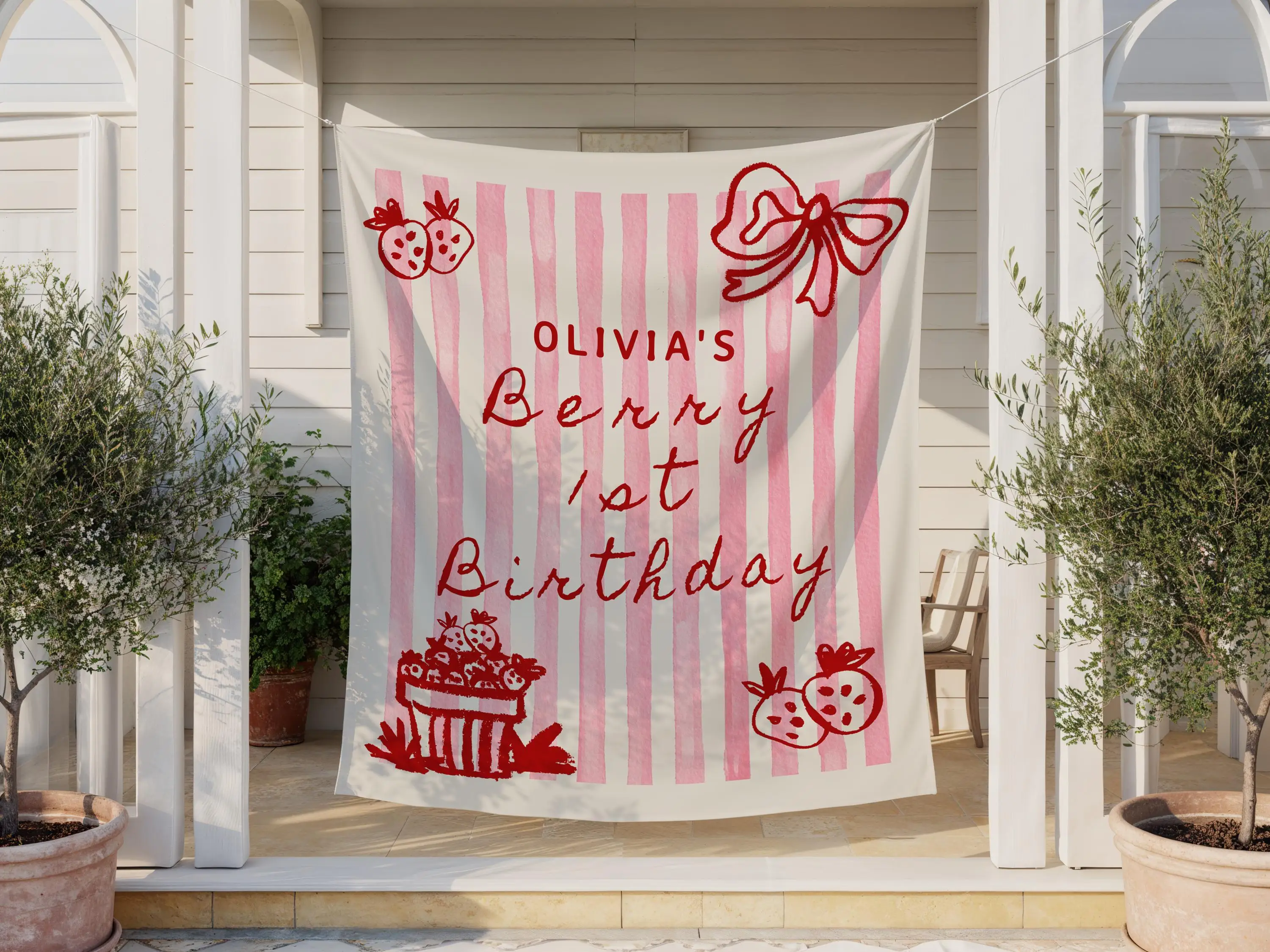 Personalized Berry 1st Birthday Backdrop, Strawberry Party Fabric Flag Banner, First Birthday Decor S857