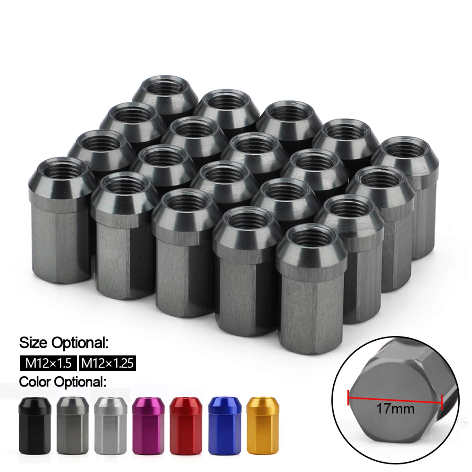 20pcs HEX 17mm M12*1.25 M12*1.5 Lug Nuts Accessories 7075-T6 Aluminum Taper conical seat 32 mm length Wheel Nuts