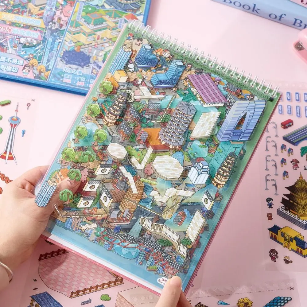 3D City Miniature Scene Sticker Book Large Size 10 Scenes Landscape Sticker Collection Collage Visual Stacking Scene DIY Sticker