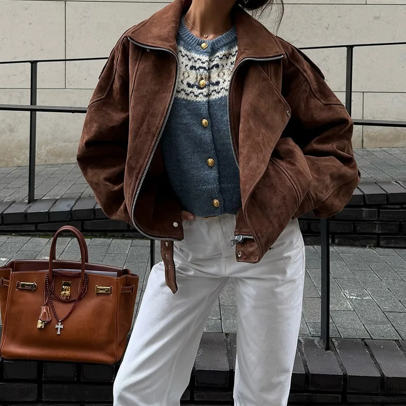 Vintage Brown Lapel Irregular Short Loose Jacket Autumn Winter Streetwear European American Women Outerwear Fashion Casual Tops