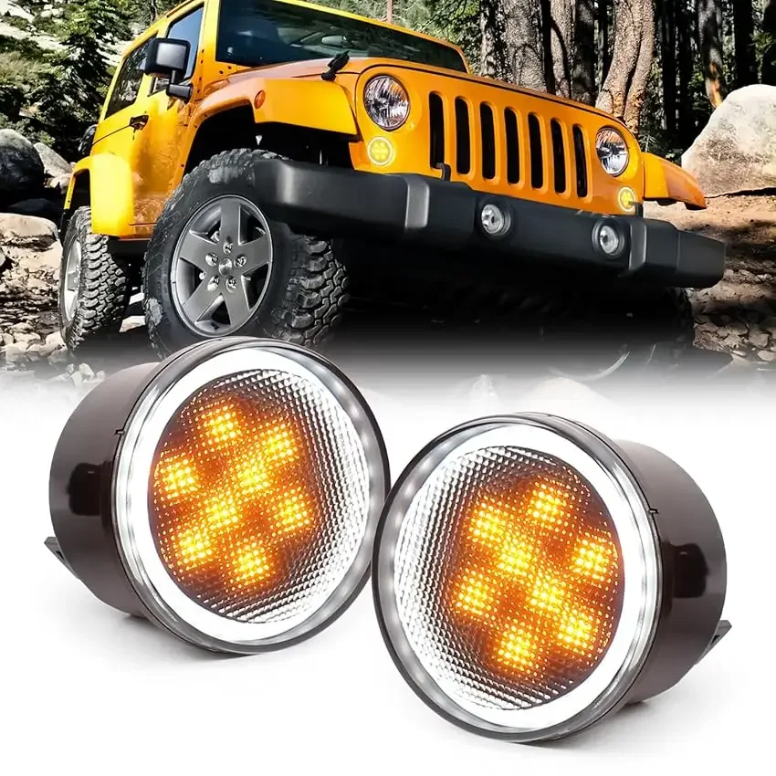 MOVOTOR JK Front Fender Turn Signal LED Lights with White Halo Smoked Lens Amber Lights for Jeep Wrangler JK