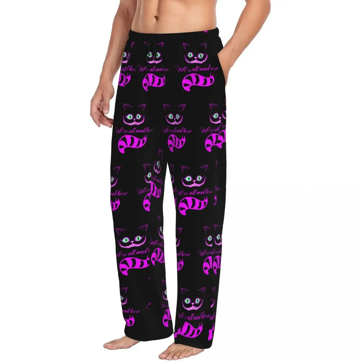 Custom Print Men Cheshire Cat Animal Pajama Pants We Are All Mad Here Cartoon Cute Sleepwear Sleep Lounge Bottoms with Pockets