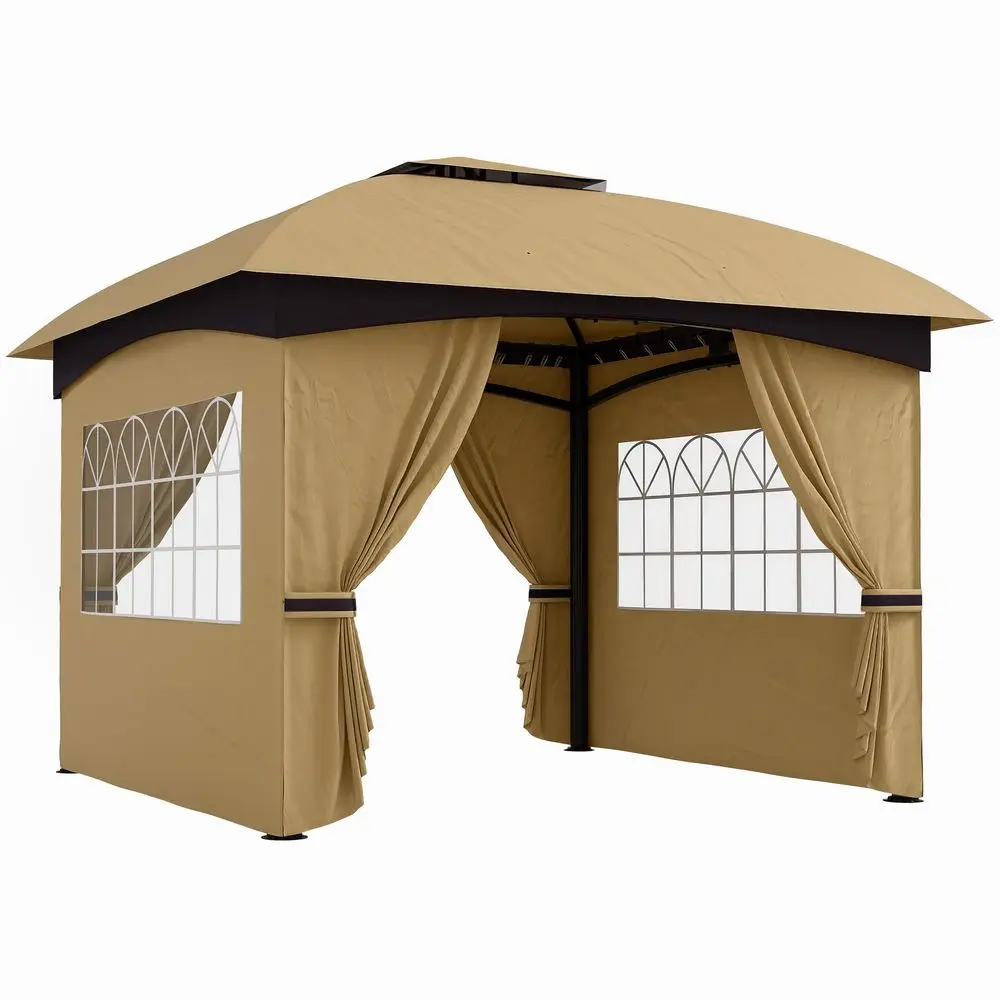 11 x 11 Outdoor Gazebo, Arc Patio Gazebo Canopy Shelter, UV Protected, with Curtains, Church Windows, Double Roof, Galvanized St