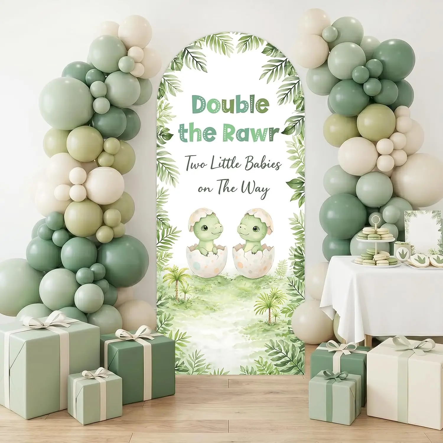 Custom 2-sided Dinosaur Twins Baby Shower Background Double the Rawr Two Little Babies on the Way Backdrop Chiara Arch Cover