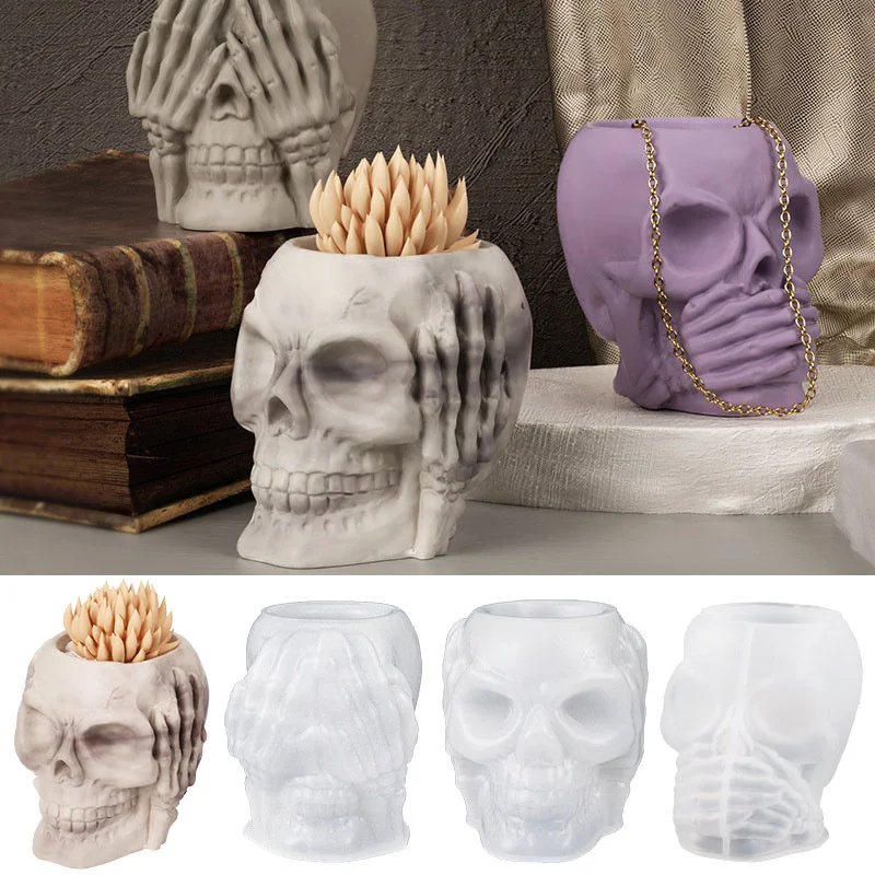 Moule en silicone porte-plume tête de mort 3D, pot de fleurs décoratif Halloween bricolage, boîte de rangement de bijoux, moule en plâtre Regina, compte tenu des cadeaux de vacances