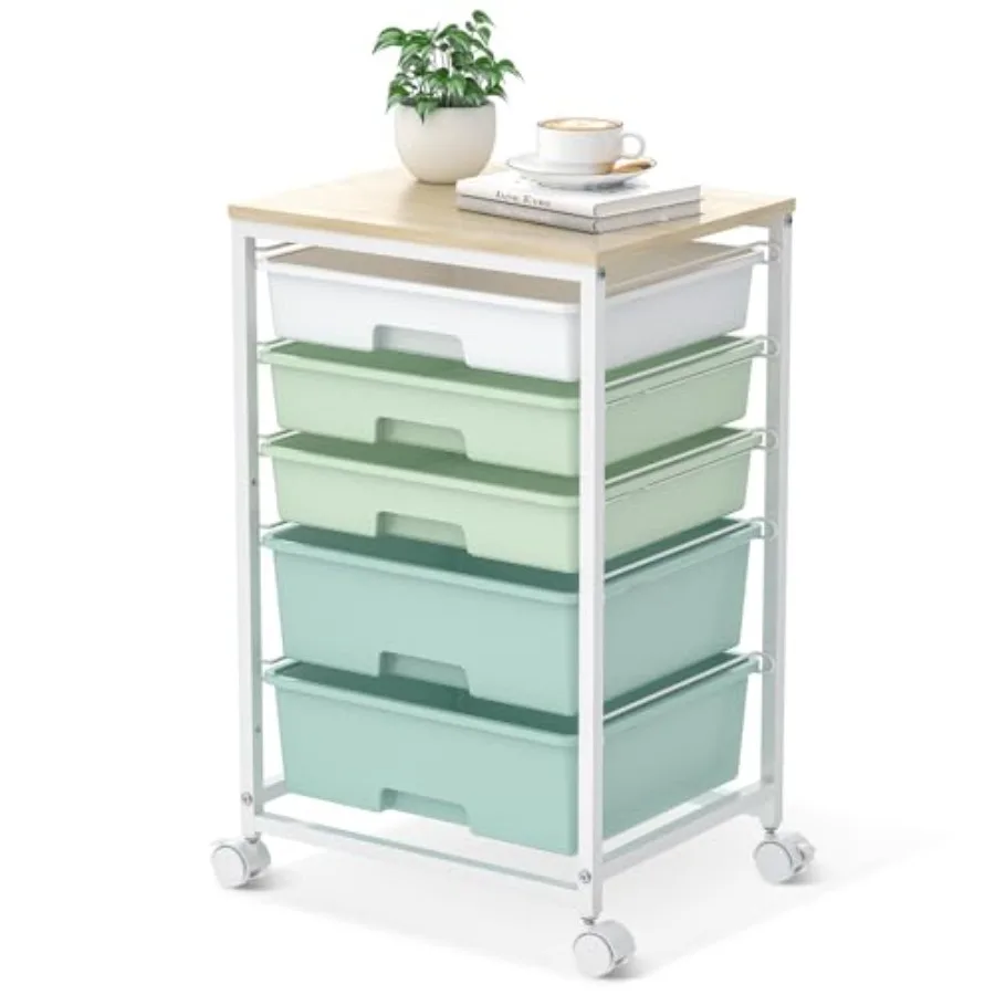 

Craft cartRolling Cart with Drawers Storage Cart with 5 Drawers and Wooden Tabletop for Under Desk Organizers and Storage Green