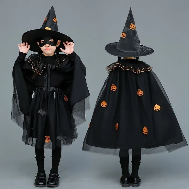 Halloween Children Costume Pumpkin Costume Cloak Cartoon Style Children Cosplay Clothes Set 4PCS Cloak Skirt Hat Eye Mask ZI318
