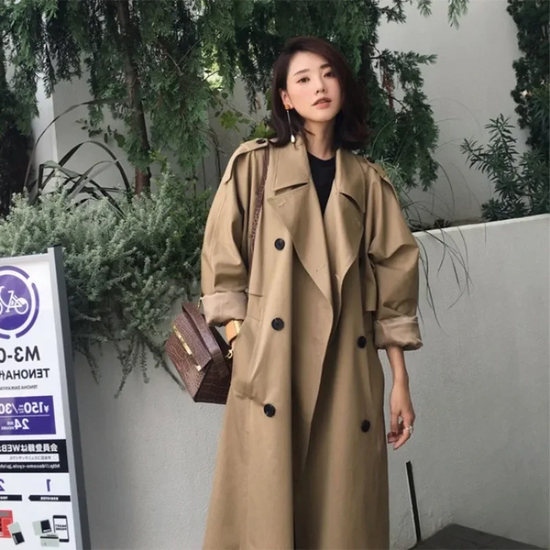 

Lapel Women Trench Coat Topcoat Double-breasted Casual Coat Pure Color Autumn Winter Overgarment Waistband Windbreak Jacket