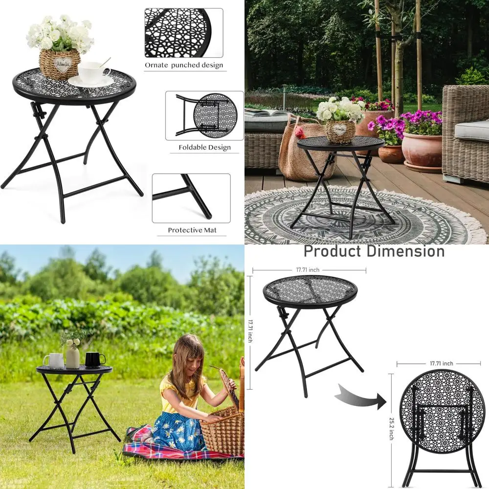 

Rust-Resistant Round Metal Outdoor Side Table with Flower Cutouts for Patio, Balcony, Deck, and Lawn, Black