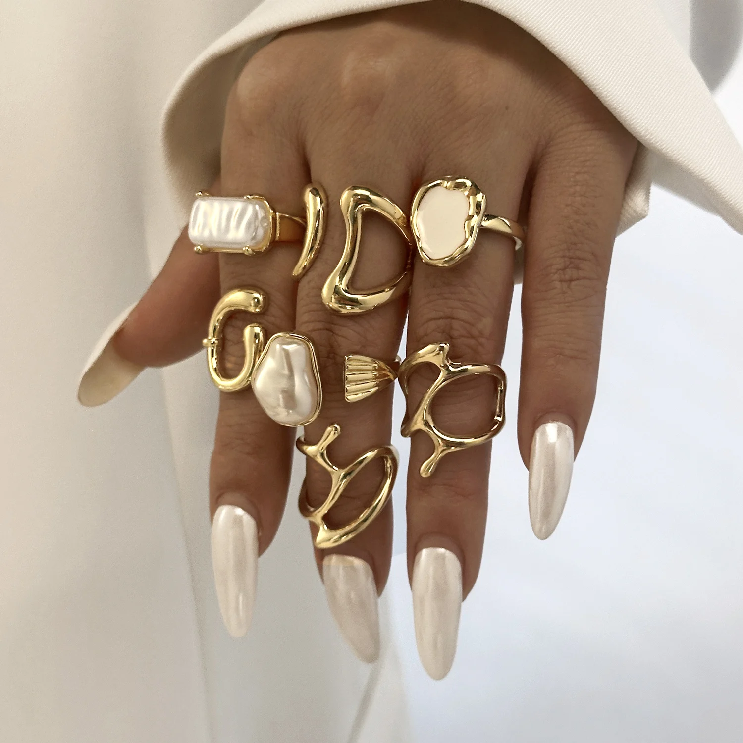 الرجعية زهرة حجر الراين صورة خاتم مجموعة للنساء مفصلة تقليد اللؤلؤ تكويم خواتم مجوهرات اكسسوارات الحفلات #6