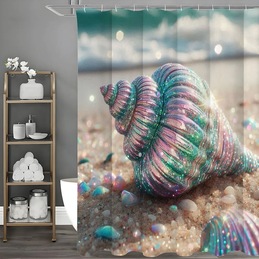 Digital Printing Colorful Conch Shell Shower Curtain, Bathroom Decorative Shower Curtain, Waterproof Shower Curtain with Hooks