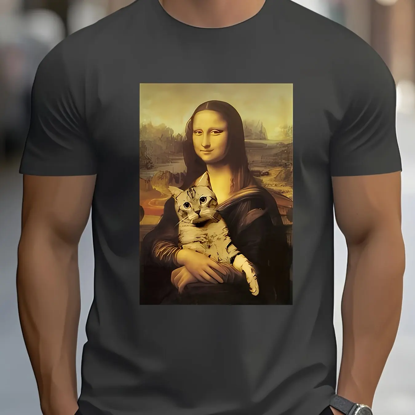 Men Mona Lisa Graphic Tee - Brown Casual Short Sleeve T-Shirt with Feline Portrait Round Neck Summer Everyday Tshirt