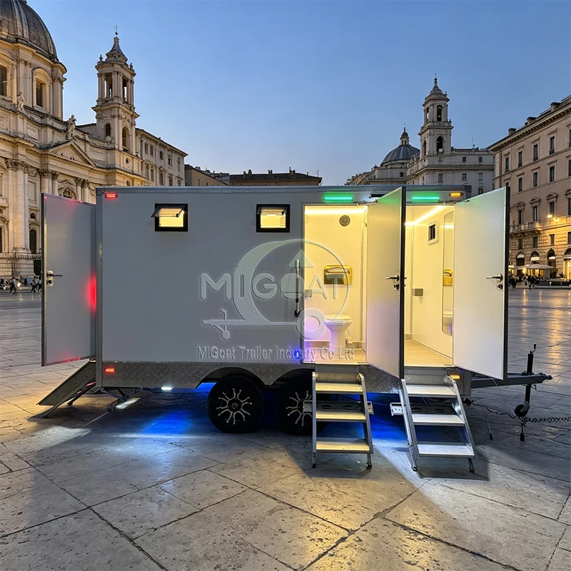 Mobile Toilets For Events Luxury 4 Stall Portable Restroom Trailer Tandem Axle With LED Light Sink For Wedding Fair Rental