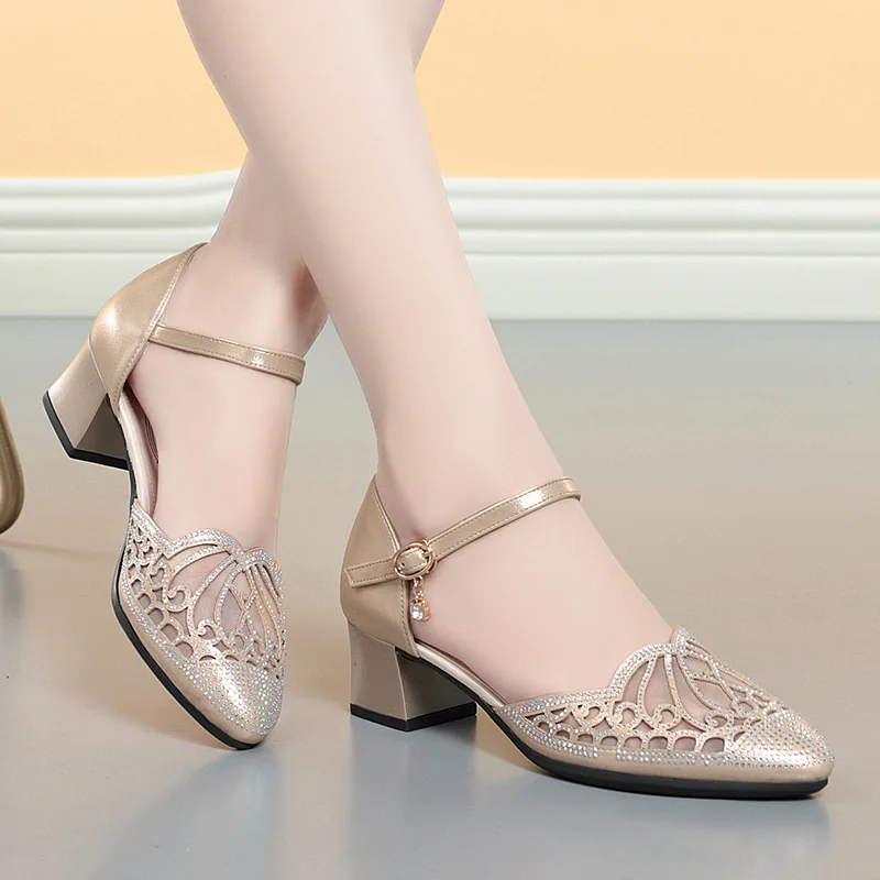 

Ladies Shoes Fashion Buckle Strap Women's Sandals Pointed Toe Square Heel Office Women's Pumps Heel Heeled Gauze Sandals