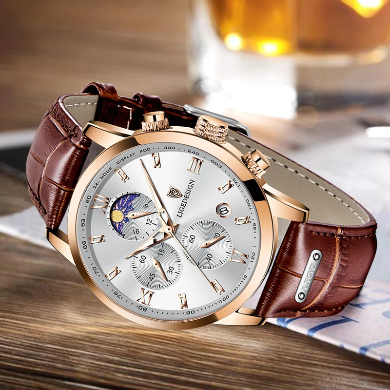 LIGE 2024 top brand luxury classic leather men\'s watch quartz watch date timing simple daily wear watches for men reloj hombre