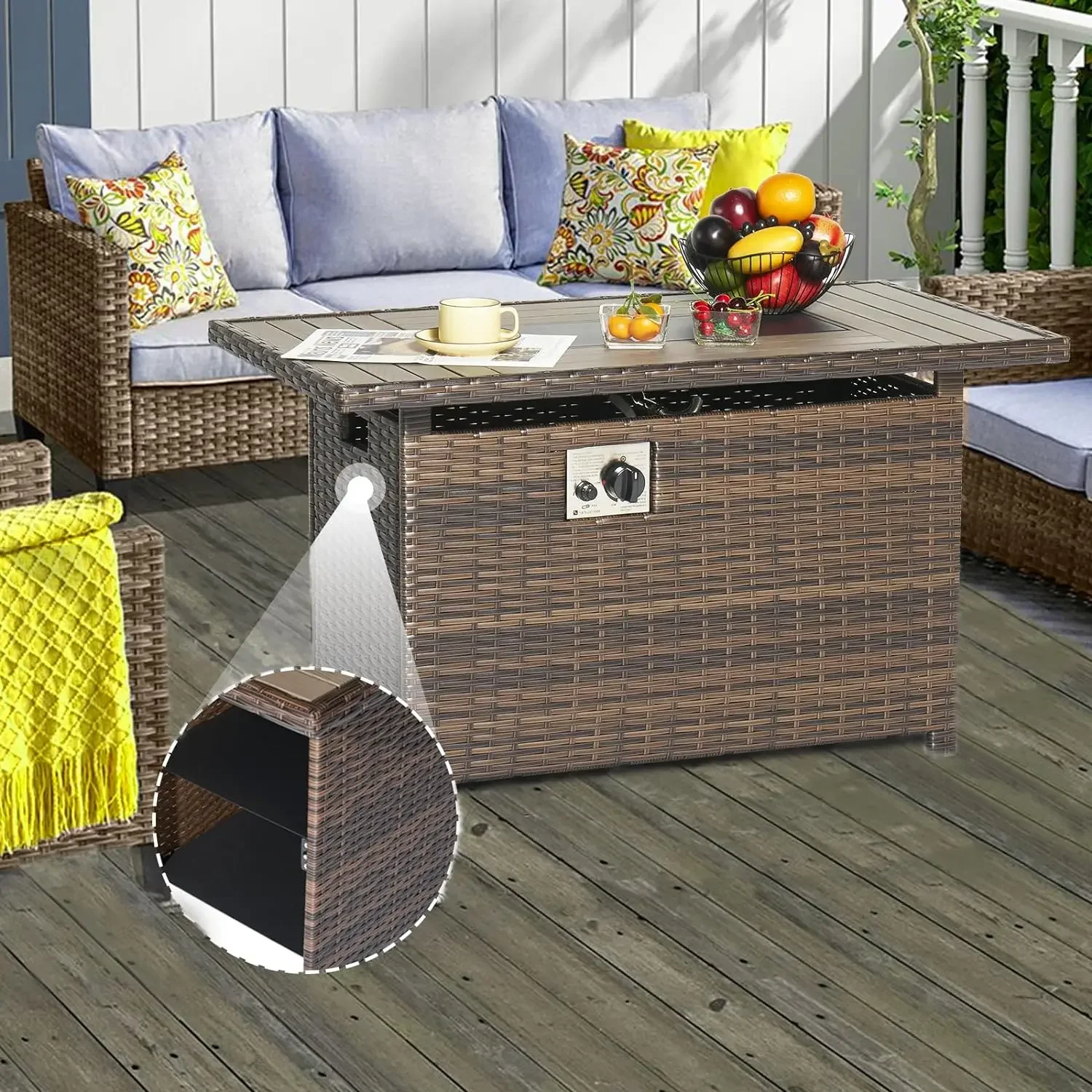 Propane Fire Pit Table with Storage, Rectangular, Auto Ignition Gas Fire Pit for Outside Patio Deck, Oxford Cover