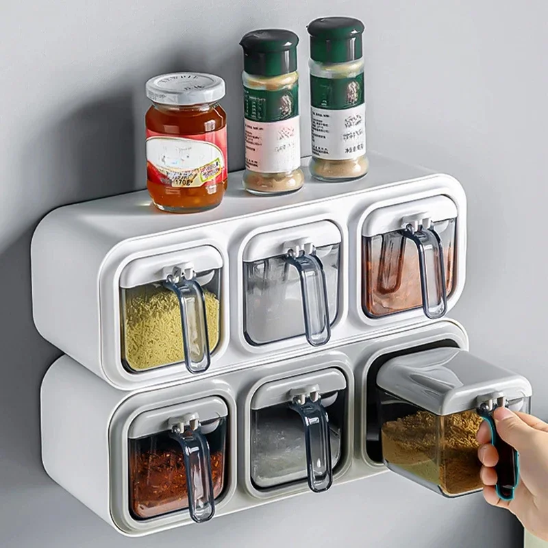 1PC Kitchen Seasoning Box Wall Mounted Organizer Boxes Condiment Door Storage and Organization Jars for Spices Home Gadgets