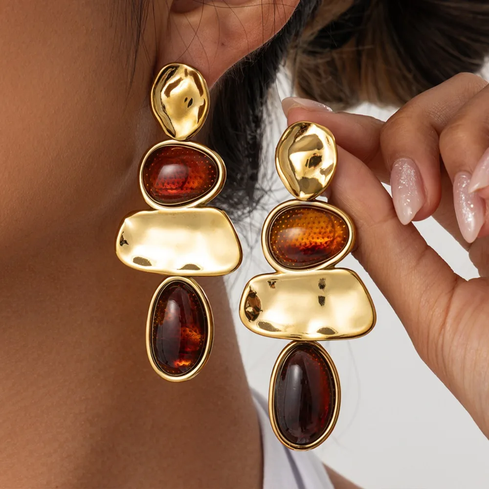 Vintage Amber Swirl Resin Gem Gold Color Stainless Steel Irregular Geometric Stacked Dangle Earrings for Women Jewelry Colorfast