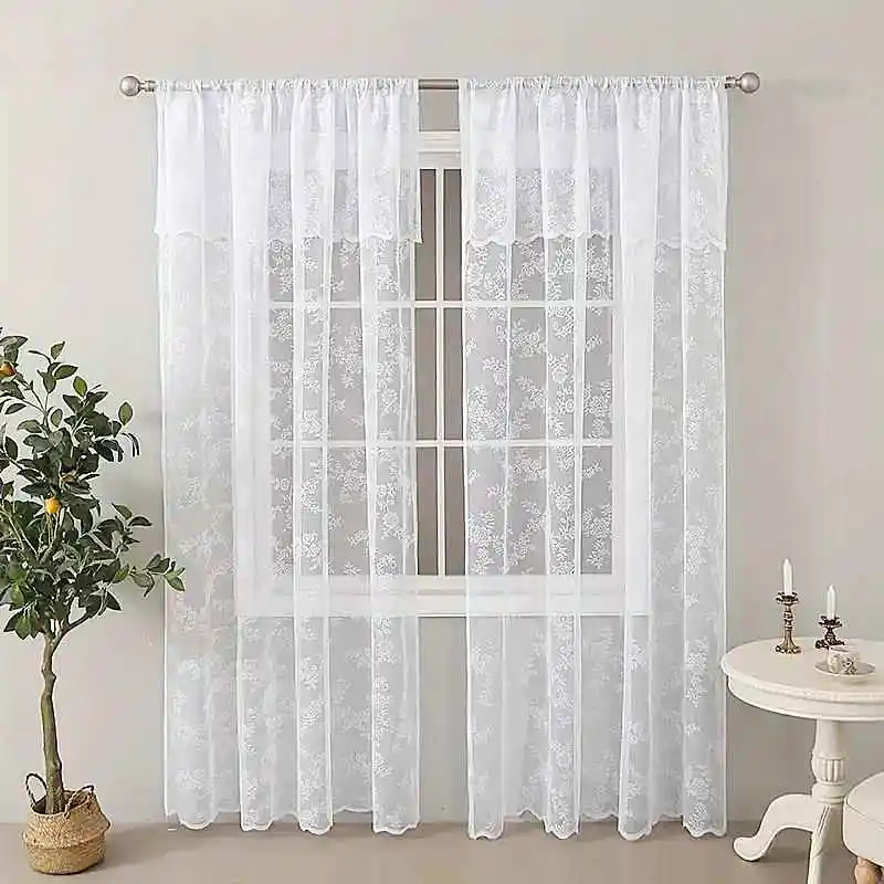 

White Rose Wave Lace Curtains Living Room Bedroom Semi-Privacy Transparent Partition Door Curtain Office Home Decor