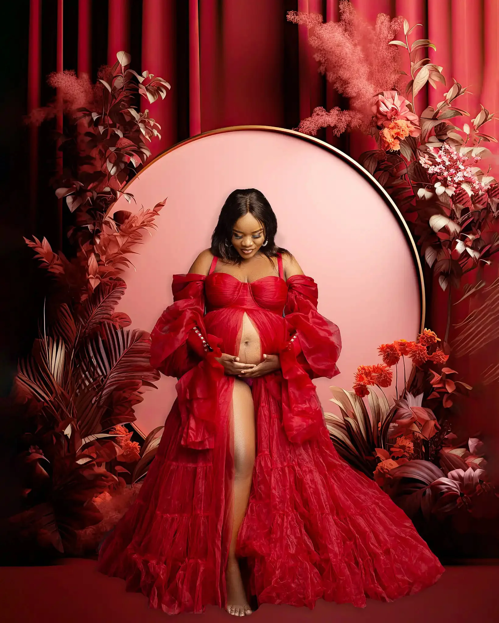 

Red Prom Dress Sweetheart Off Shoulder Long Sleeves Front Slit Pregnancy Photography Tiered Tulle Maternity Dress For Woman