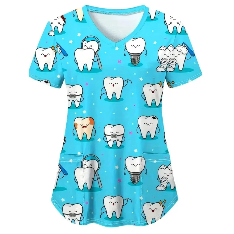 SummerVWomen's medical short-sleeve shirt with heart and tooth printTShirt Casual and stylish blue medical workwear top