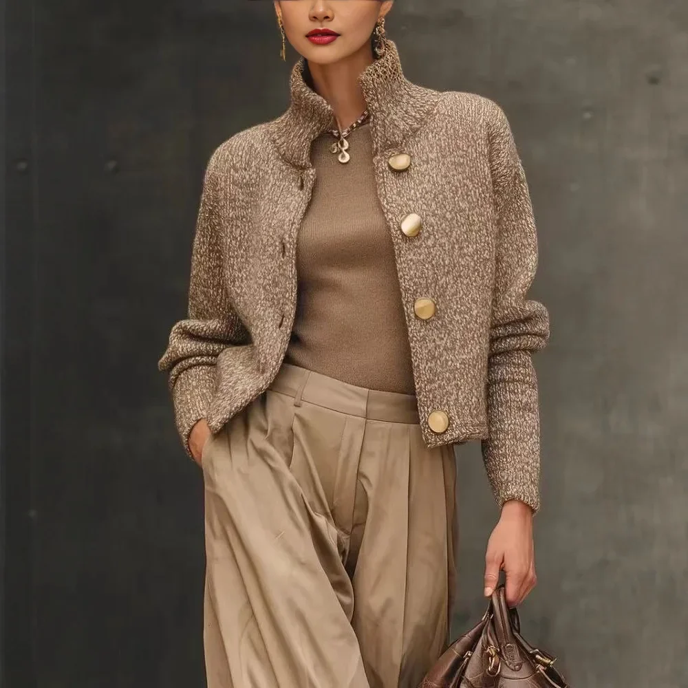 

Новинка 2025, женская корейская одежда с высоким воротом, однобортное женское корейское короткое пальто высокого качества, осеннее универсальное повседневное пальто, топы