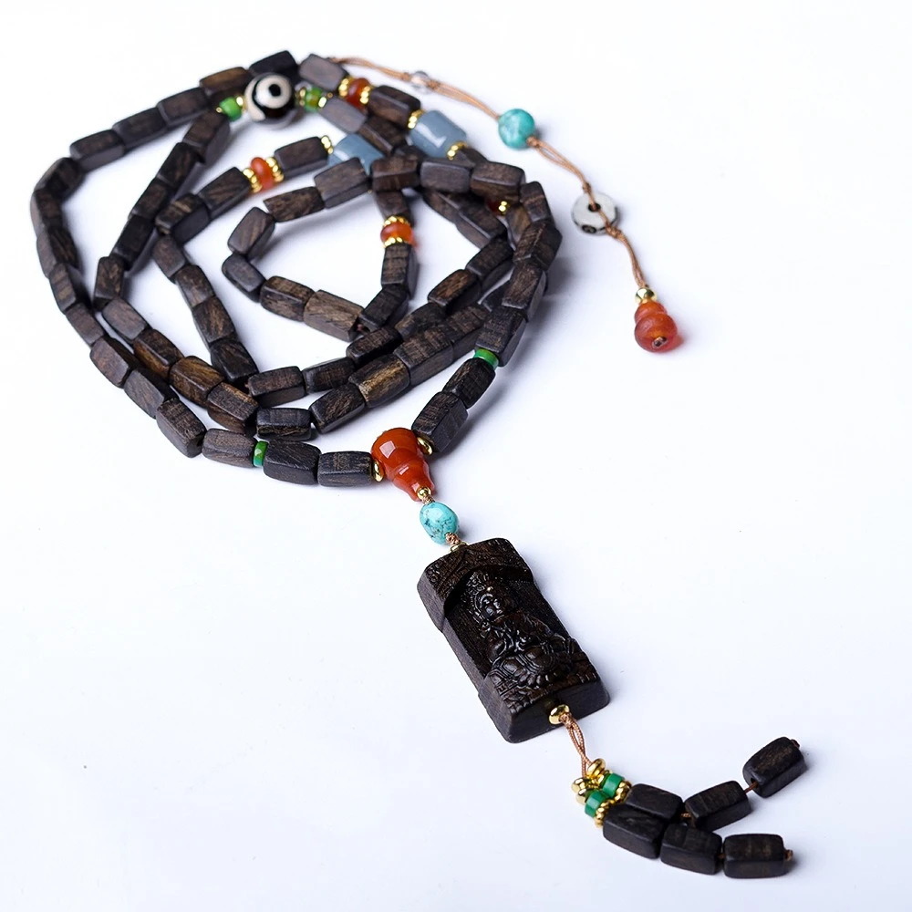 Bransoletka z agarwoodu Dalagan, wielokręgowa, bransoletka kulturowa, bransoletka Guanyin, bransoletka z trójokim koralikiem nieba, buddyjski naszyjnik z koralików.