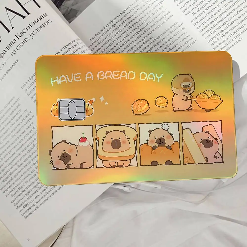 Cute Capybara Cartoon Holographic Laser Card Skin Stickers 4pcs/Set Waterproof Bank Card Protector Decal For Credit Cards