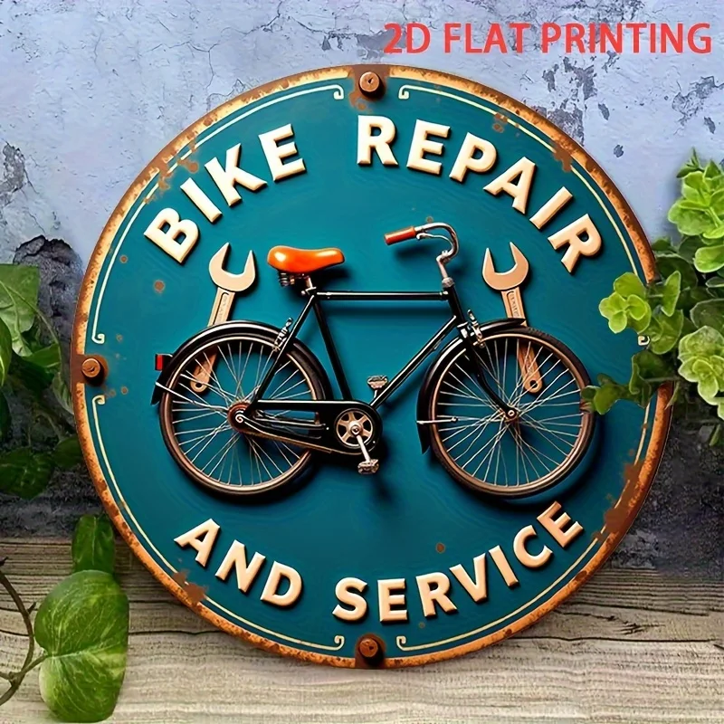 2D Printed Vintage Bicycle Repair Theme Round Wood  Wall Decor Plaque, American Rustic Style Hanging Piece with Wrench