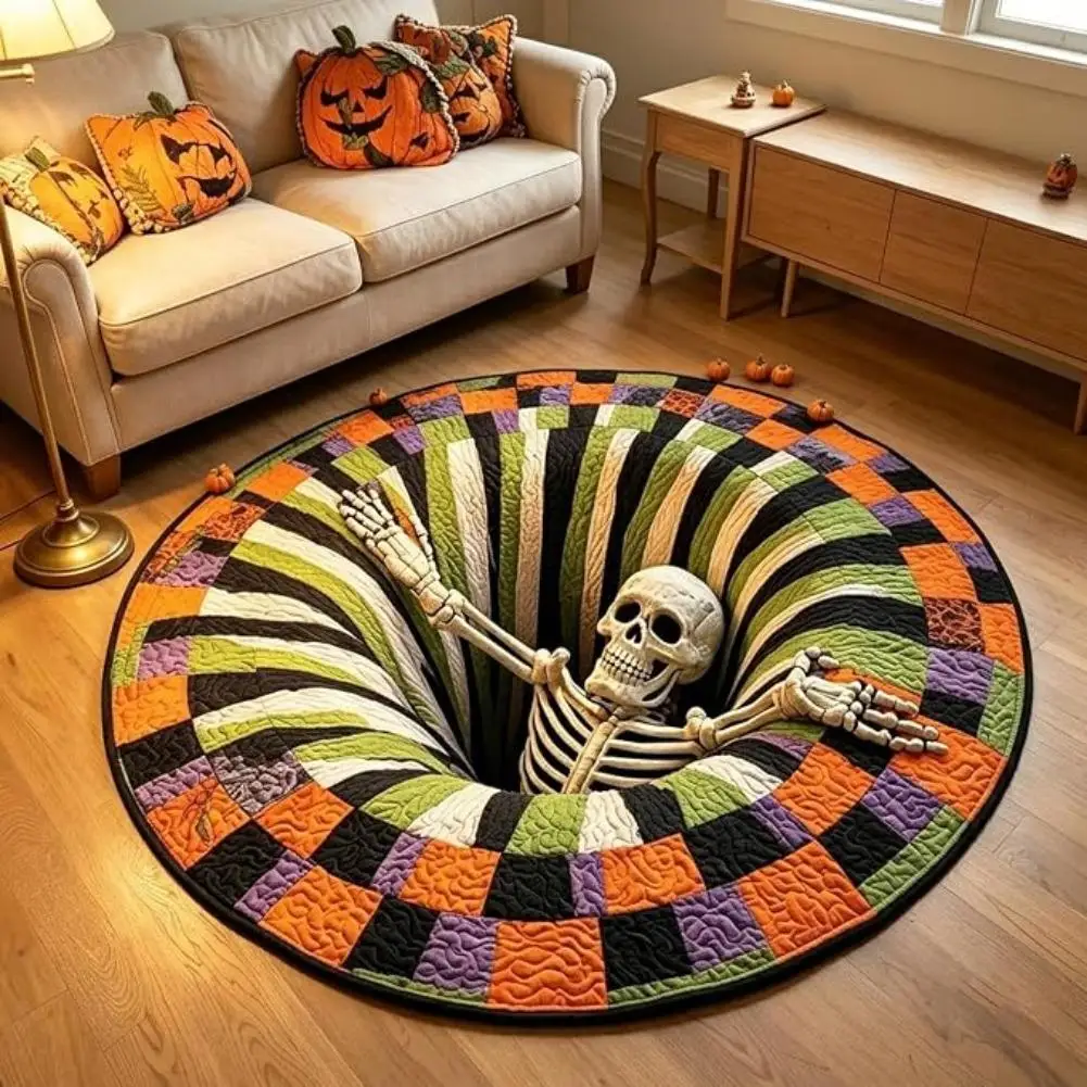3D Illusion Vortex Skull Print Round Rug Movie Room Bedroom Anti Slip Horror Theme Floor Mat Halloween Vintage Ghost Carpet