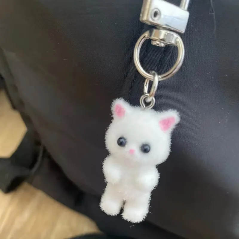 Cute 3D Flocking Kitten Keychain Cat Couple Mobile Phone Pendant Car Keyring Earphone Backpack Charms Bag Decor