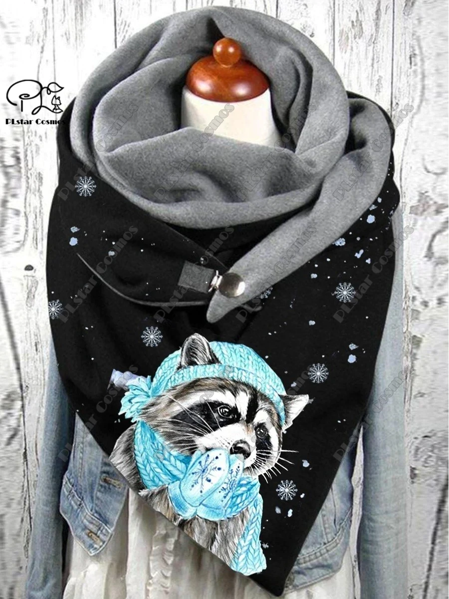 3D printed animal series cute raccoon turtle rabbit pattern warm shawl scarf spring and winter large triangle scarf casual gift