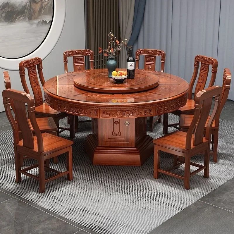 

rosewood all solid wood dining table and chair combination Chinese antique carved large round table