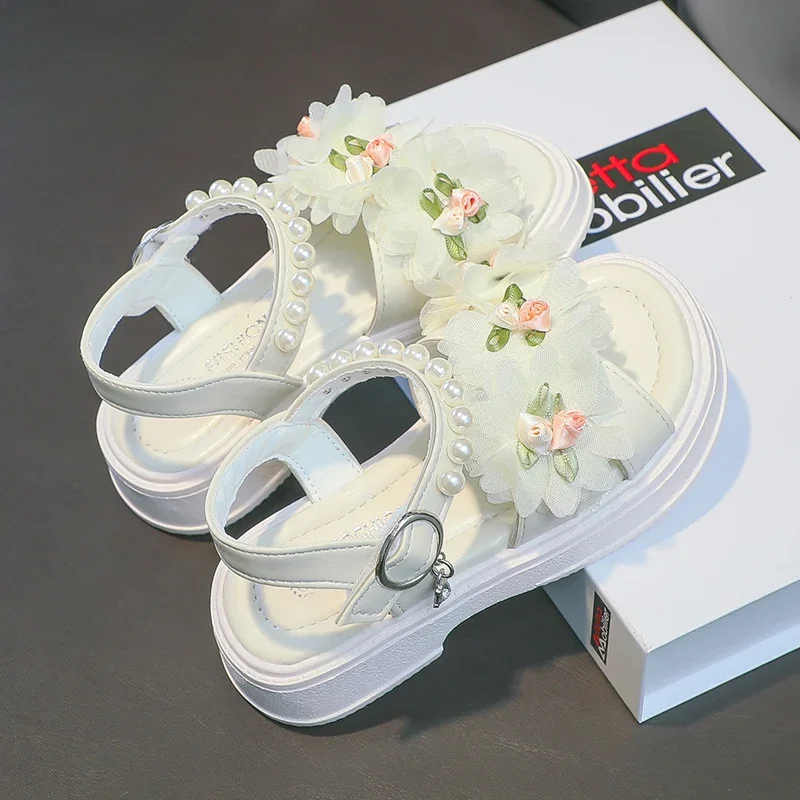 Girls Flowers Sandals Kids Sweet Princess Shoes for Party Wedding Kids Leather Sandals French Style Chic Summer Fashion 2024 New