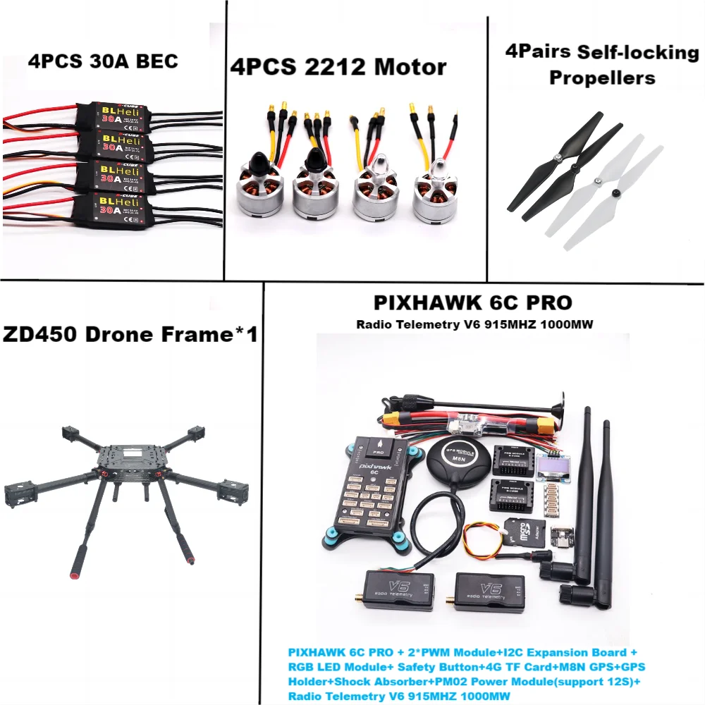 PIXHAWK 6C PRO contrôle de vol M8N /M9N Fiber de carbone 450 Kit de cadre Ardupilot radio télémétrie quadrirotor BLHELI 30AESC 2212 moteur