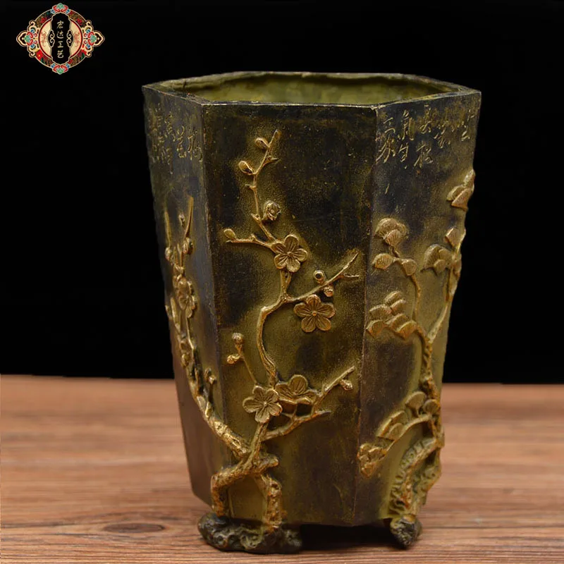 porte-stylo-hexagonal-en-cuivre-dore-pur-bronzeware-collection-antique-ornement-cadeau