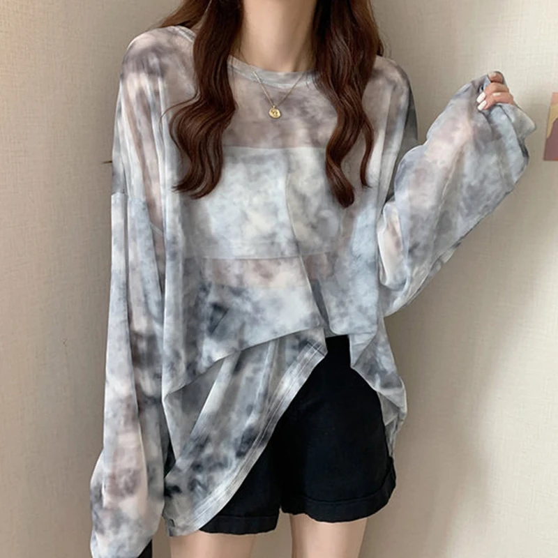 Summer 2024 New Mesh Women's Top Loose tie dyed long sleeved t-shirt for women Round neck Women's clothing