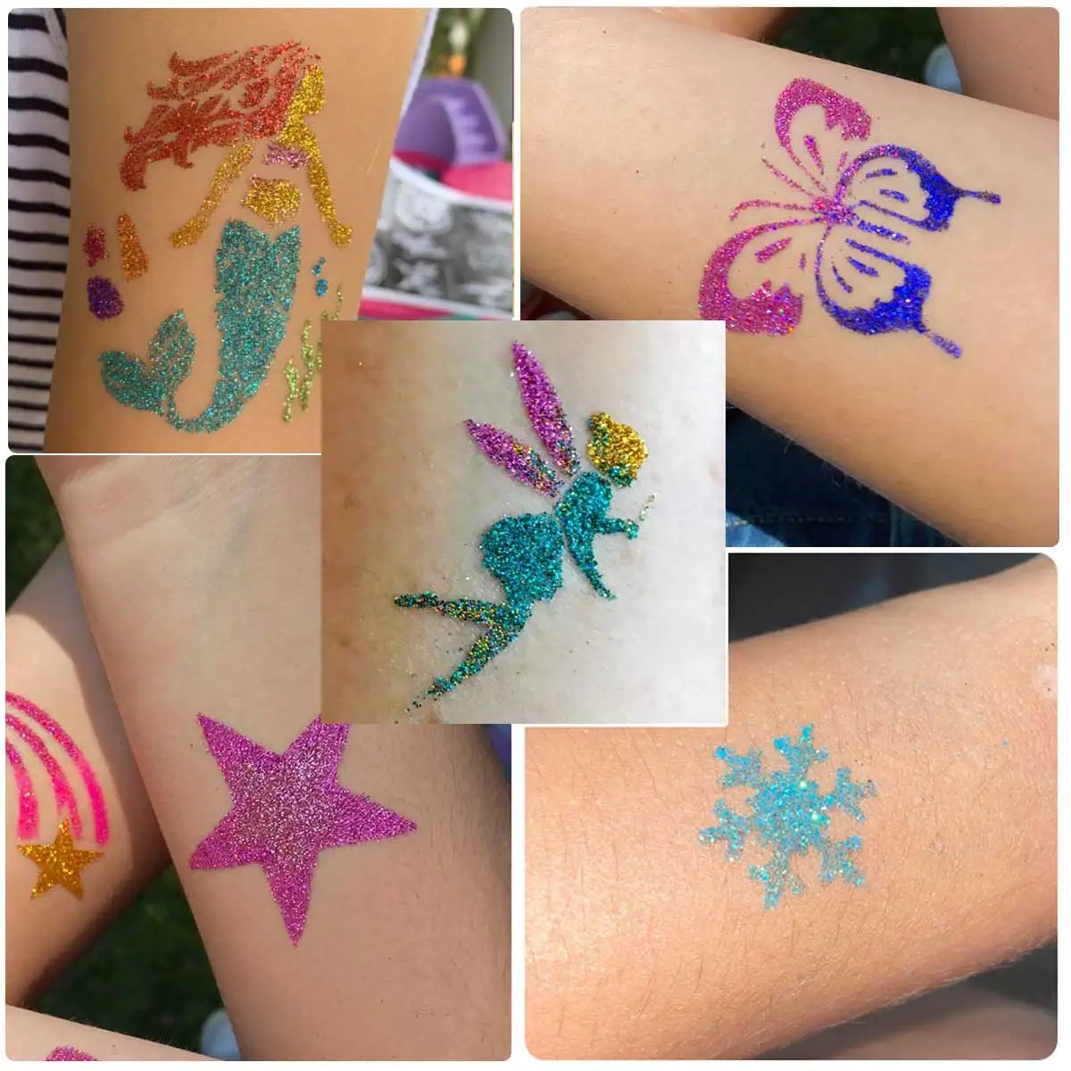 Tijdelijke glittertattoo-set, 12 leuke kleuren glittertattoos voor bodypainting, met 8 unieke sjabloonontwerpen en applicatorborstels, eenvoudig aan te brengen en te verwijderen, vakantiegeschenken, feestdecoraties, afstudeerceremonies, muziekfestival Rave-Partys Qla-Zh012