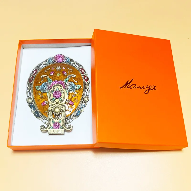 빈티지 손거울, 선물 상자 포함, 지갑용 접이식 화장 거울, 고화질 금속 소형 공주 거울