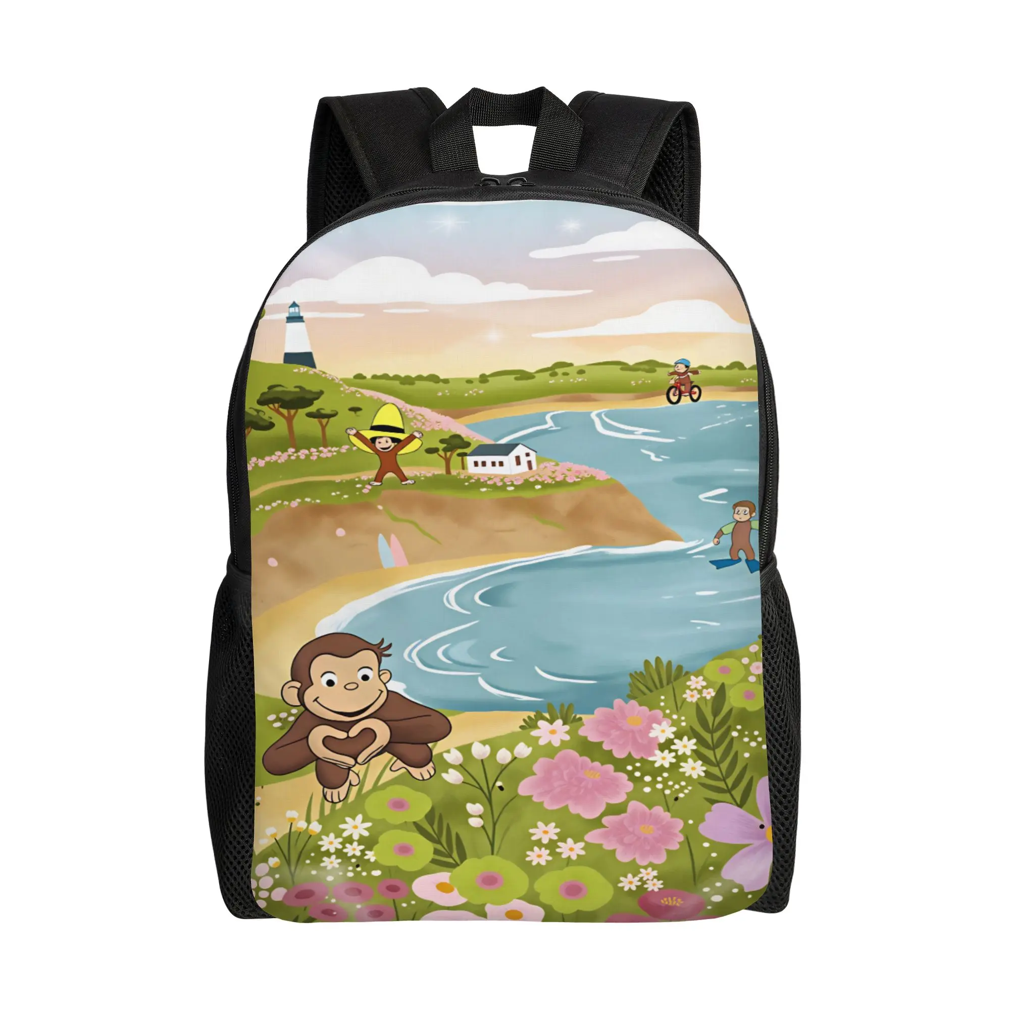Curious George Monkey Backpack  Boy Girl Polyester Sport Backpacks Lightweight Style High School Bags Rucksack
